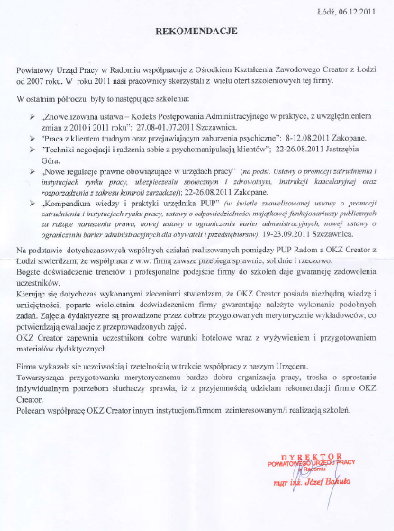 PUP Radom - list referencyjny 2011.